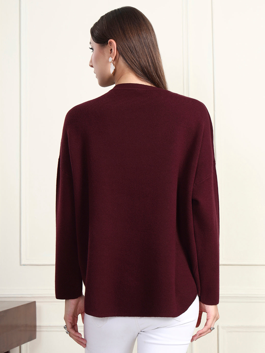 Thirty Threads Winter Wear Maroon Embroidered Regular Long Sleeves Pullover Sweater
