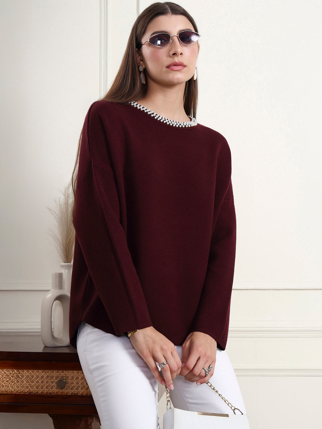 Thirty Threads Winter Wear Maroon Embroidered Regular Long Sleeves Pullover Sweater