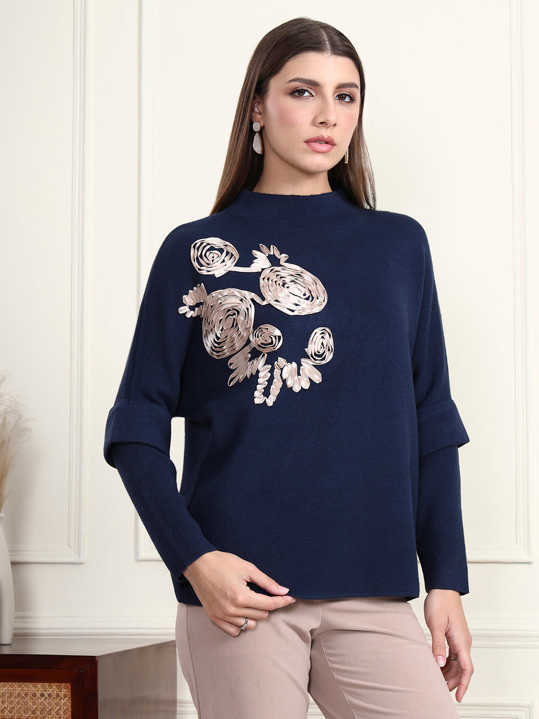 Thirty Threads Winter Wear Navy Blue Embroidered Regular Long Sleeves Pullover Sweater