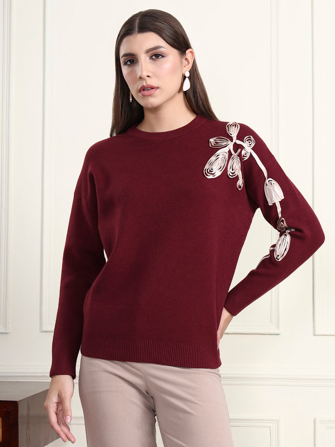 Thirty Threads Winter Wear Maroon Embroidered Regular Long Sleeves Pullover Sweater