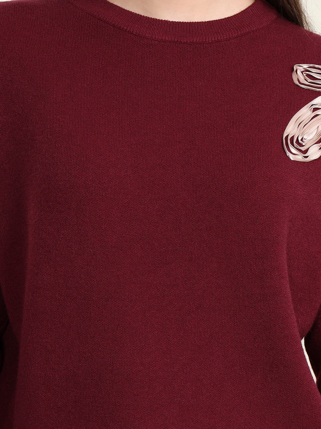 Thirty Threads Winter Wear Maroon Embroidered Regular Long Sleeves Pullover Sweater