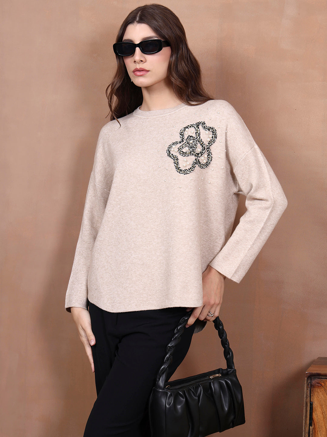 Thirty Threads Winter Wear Beige Embroidered Regular Long Sleeves Pullover Sweater