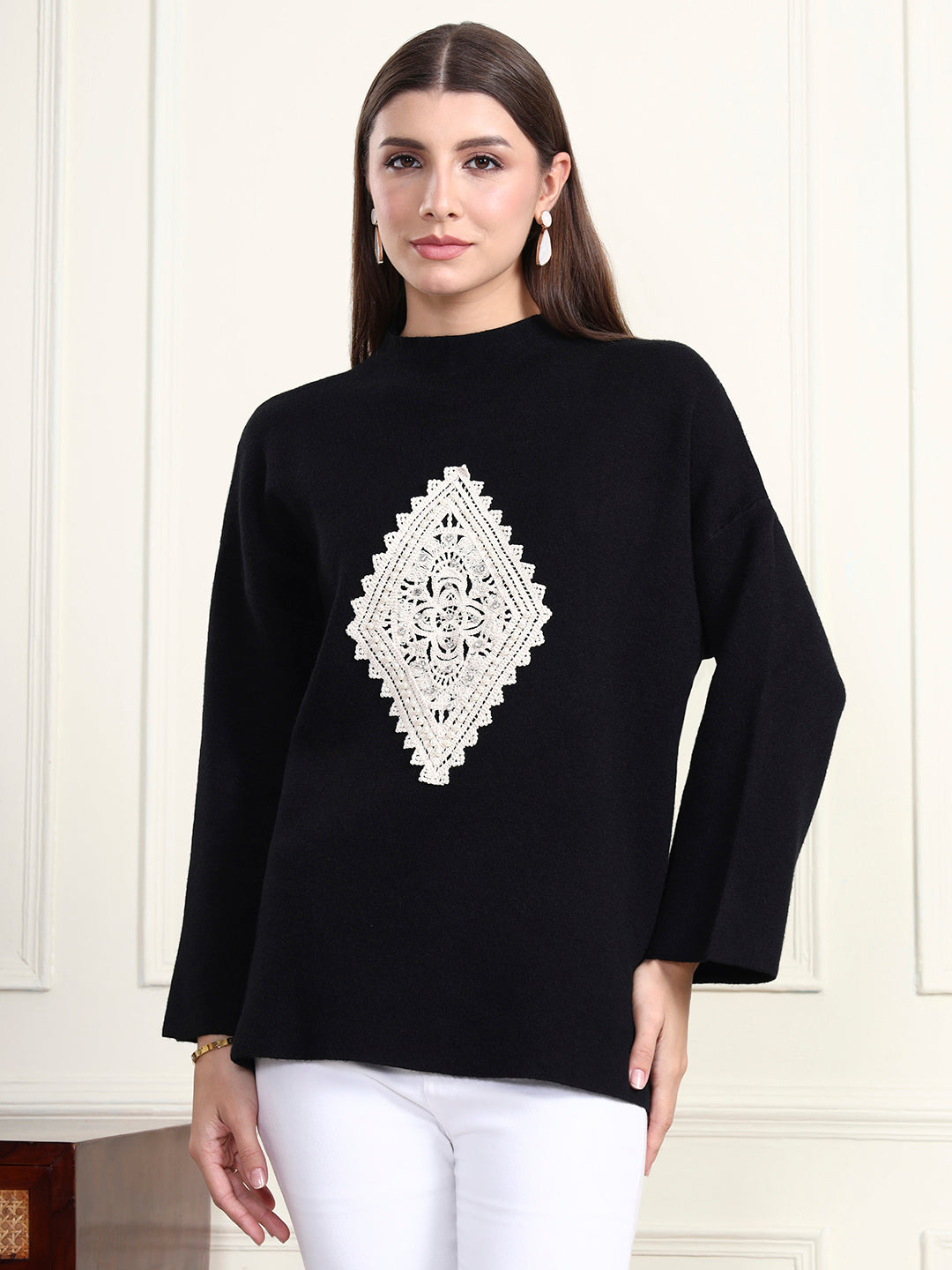 Thirty Threads Winter Wear Black Embroidered Regular Long Sleeves Pullover Sweater