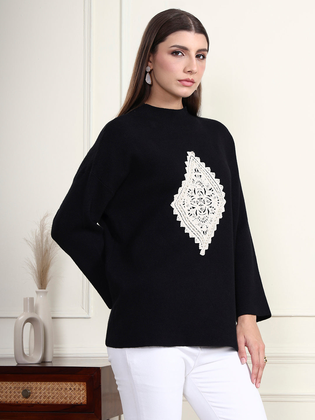 Thirty Threads Winter Wear Black Embroidered Regular Long Sleeves Pullover Sweater