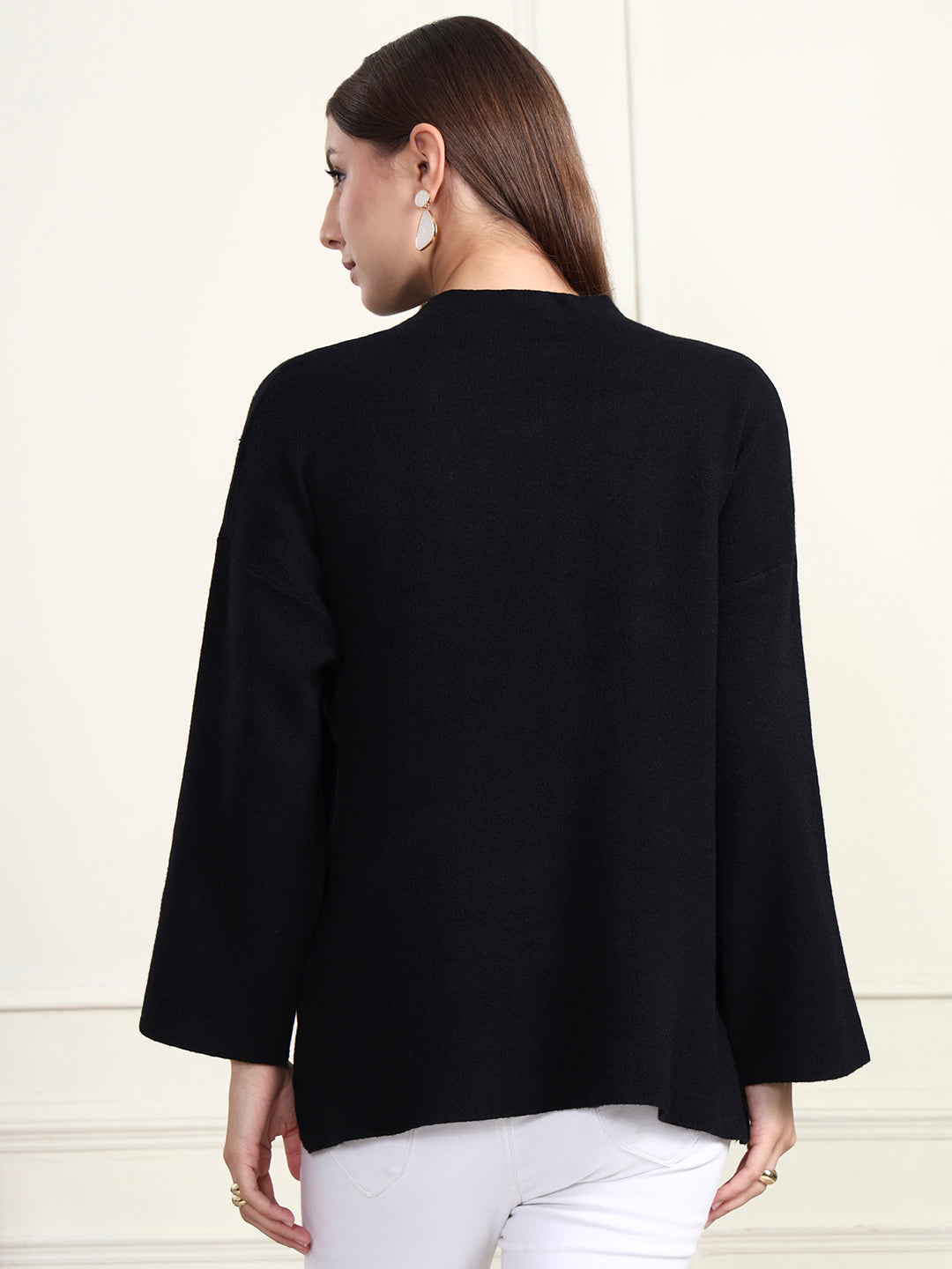 Thirty Threads Winter Wear Black Embroidered Regular Long Sleeves Pullover Sweater
