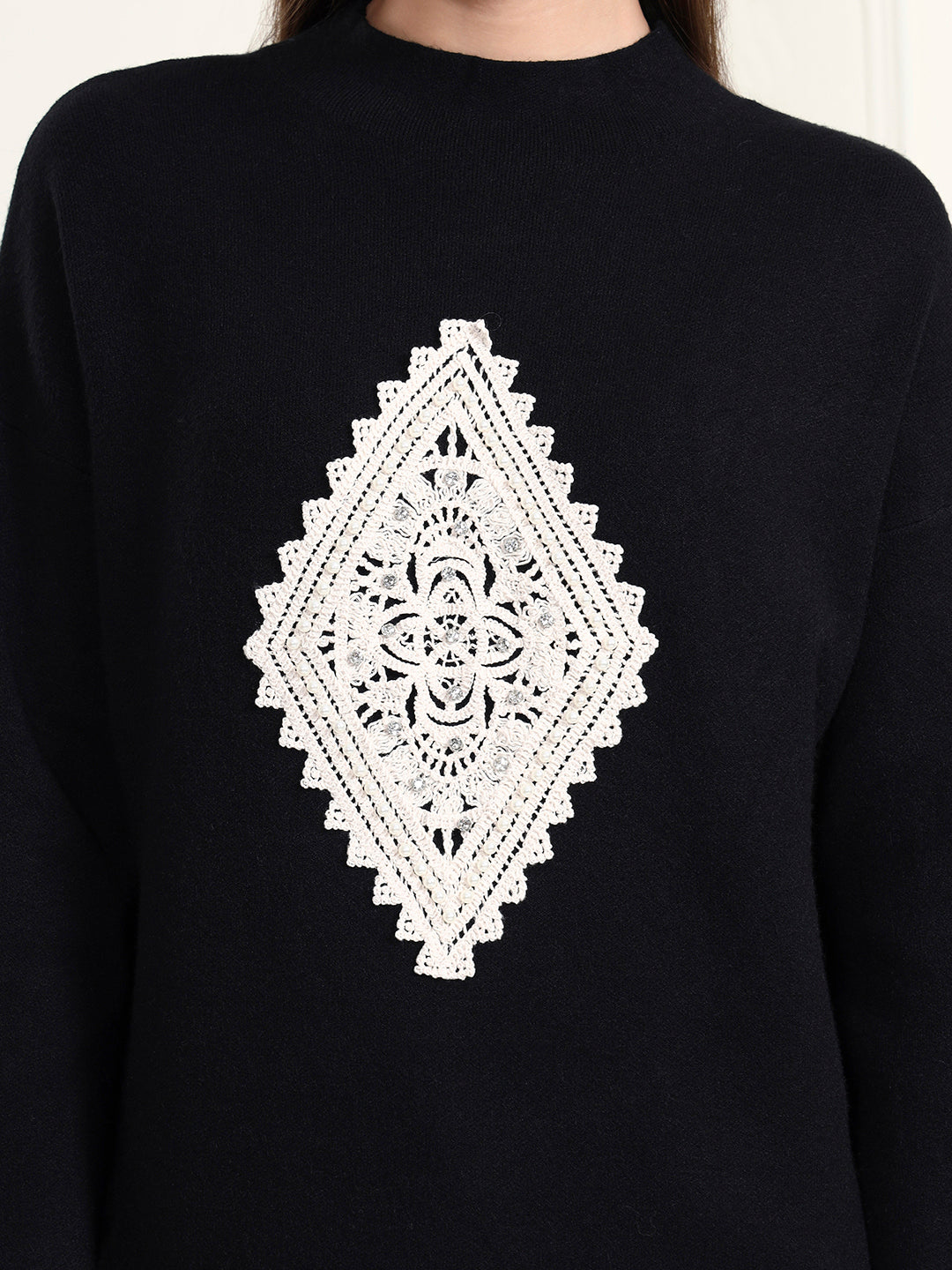 Thirty Threads Winter Wear Black Embroidered Regular Long Sleeves Pullover Sweater