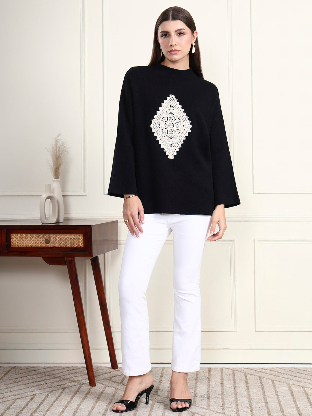 Thirty Threads Winter Wear Black Embroidered Regular Long Sleeves Pullover Sweater