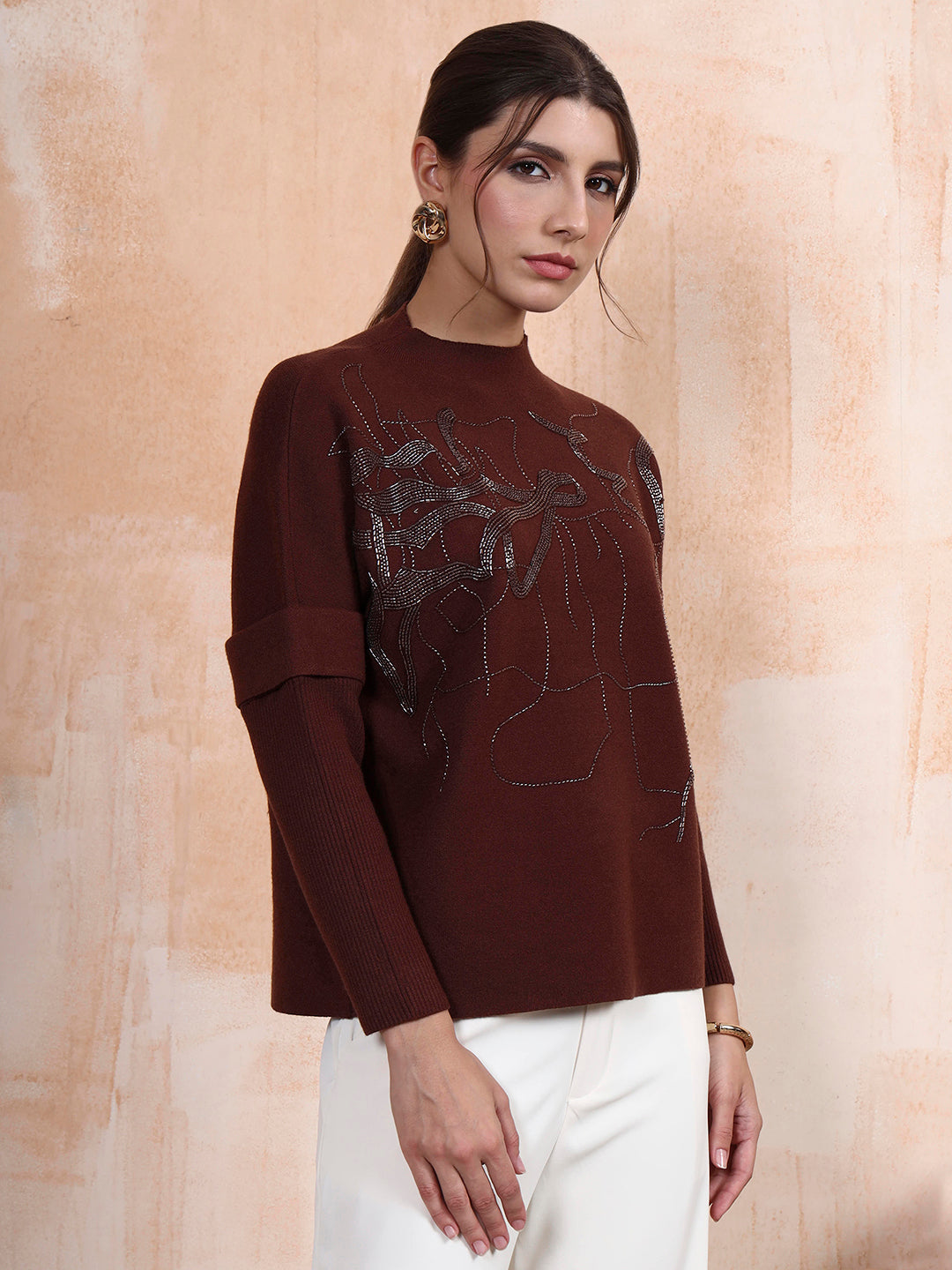 Thirty Threads Winter Wear Wine Embellished Regular Long Sleeves Pullover Sweater