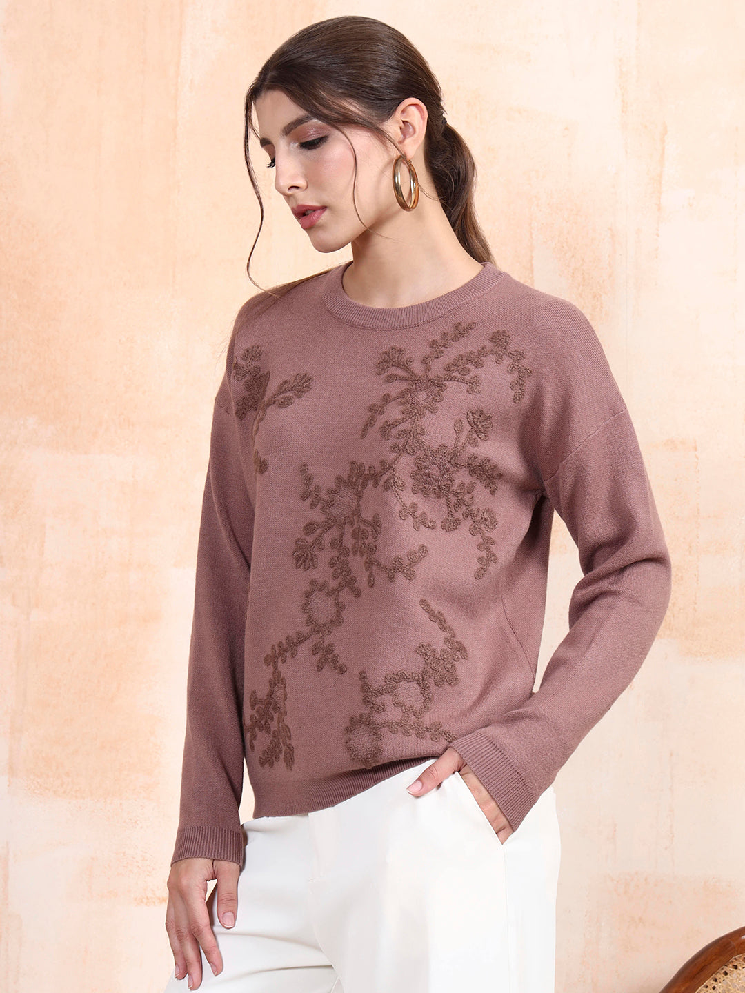 Thirty Threads Winter Wear Onion Pink Embroidered Regular Long Sleeves Pullover Sweater