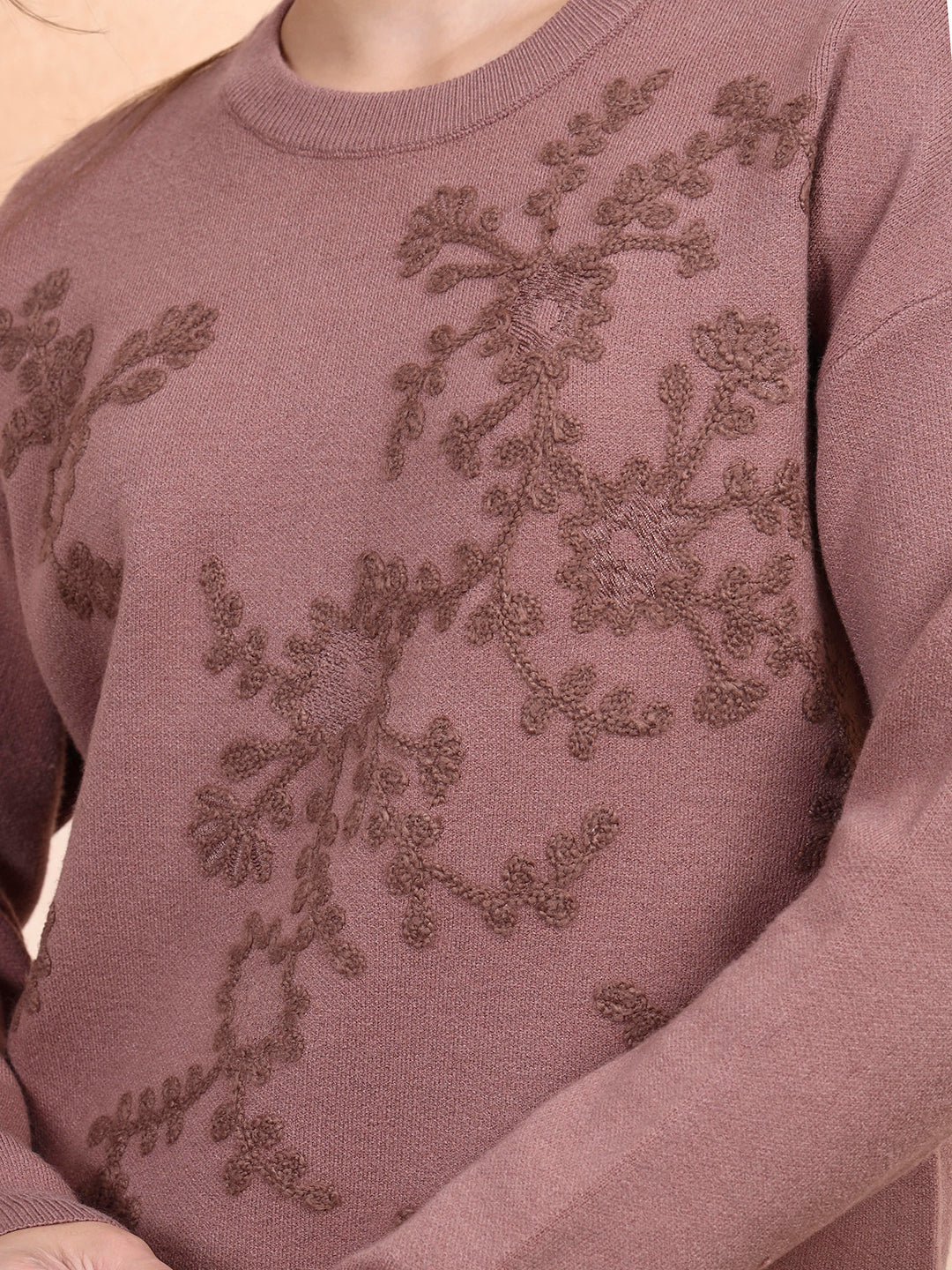 Thirty Threads Winter Wear Onion Pink Embroidered Regular Long Sleeves Pullover Sweater