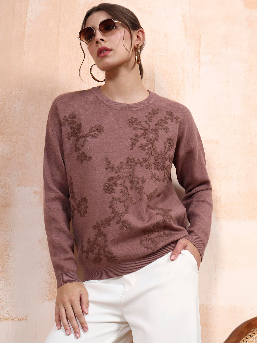 Thirty Threads Winter Wear Onion Pink Embroidered Regular Long Sleeves Pullover Sweater
