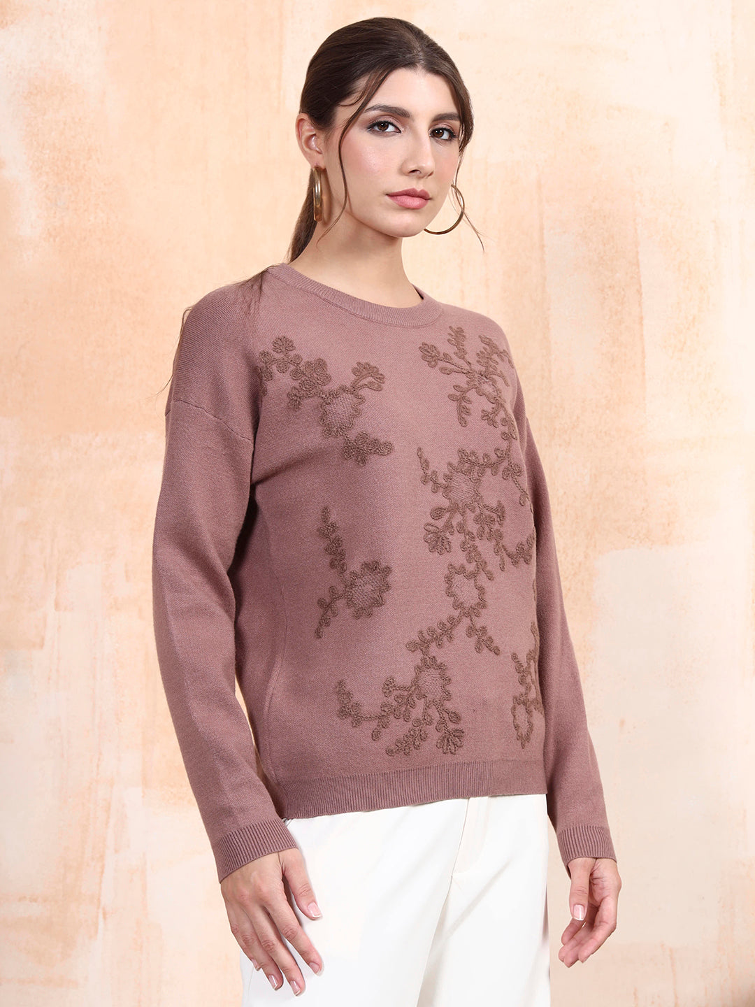 Thirty Threads Winter Wear Onion Pink Embroidered Regular Long Sleeves Pullover Sweater