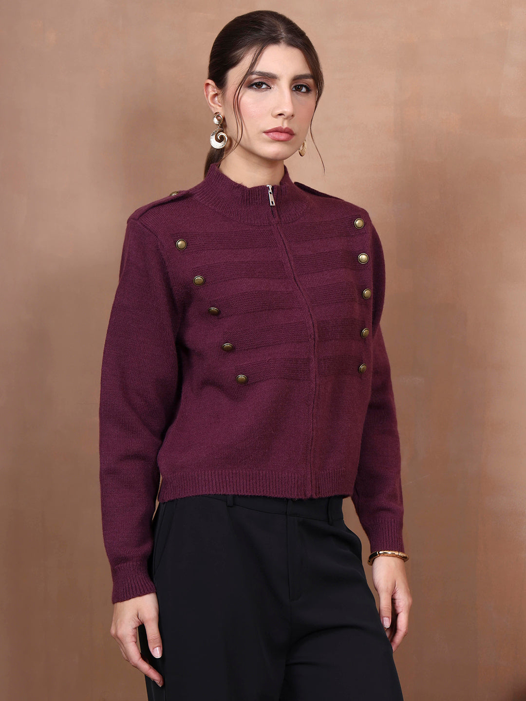 Thirty Threads Winter Wear Burgundy Solid Regular Long Sleeves Cardigans