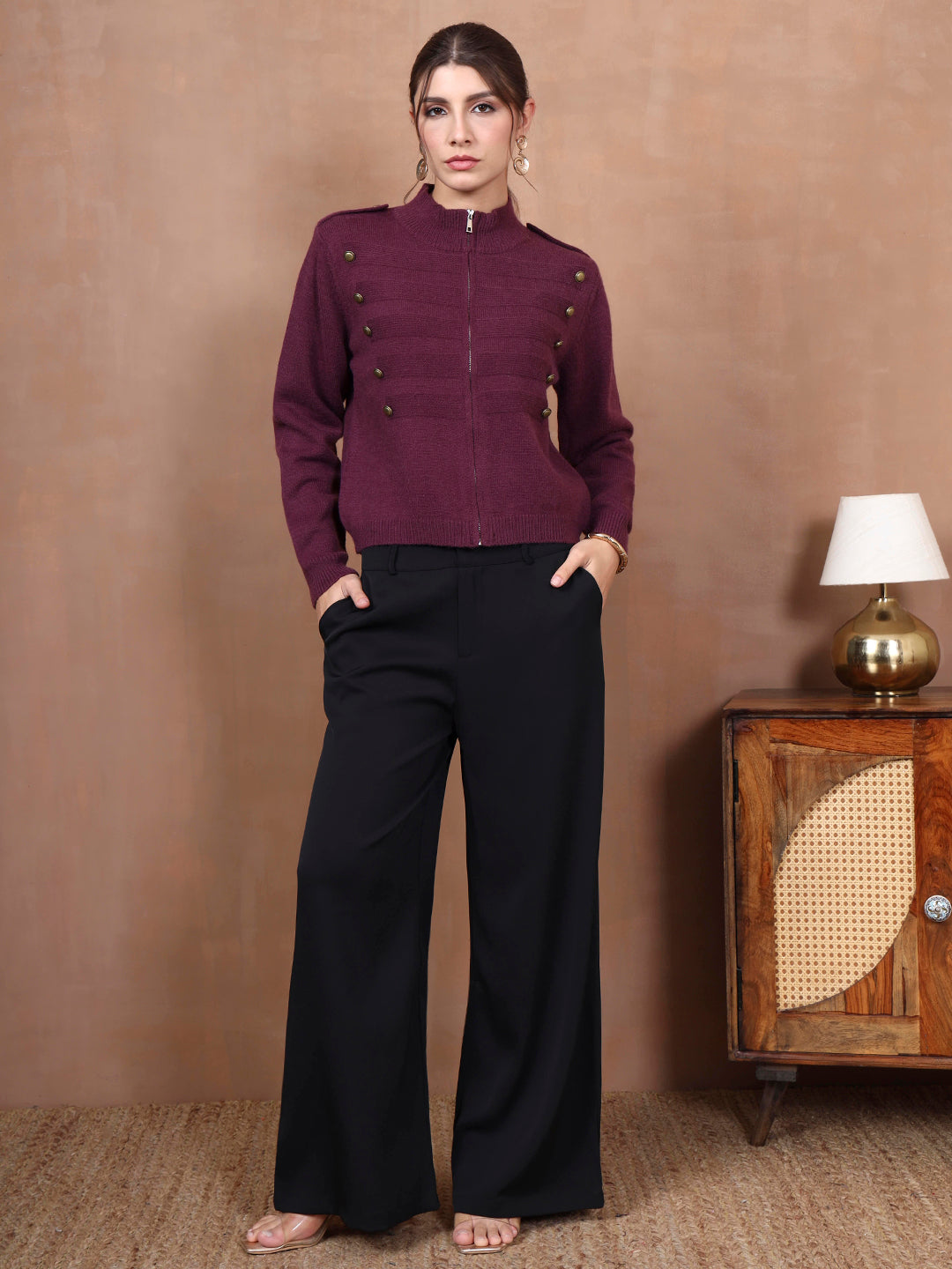 Thirty Threads Winter Wear Burgundy Solid Regular Long Sleeves Cardigans