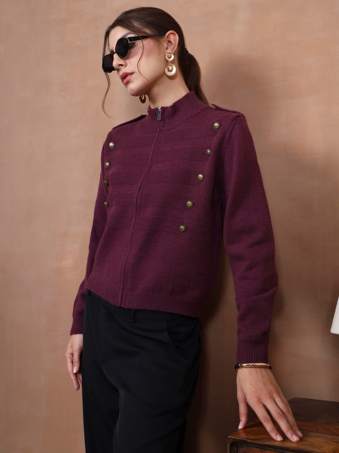 Thirty Threads Winter Wear Burgundy Solid Regular Long Sleeves Cardigans