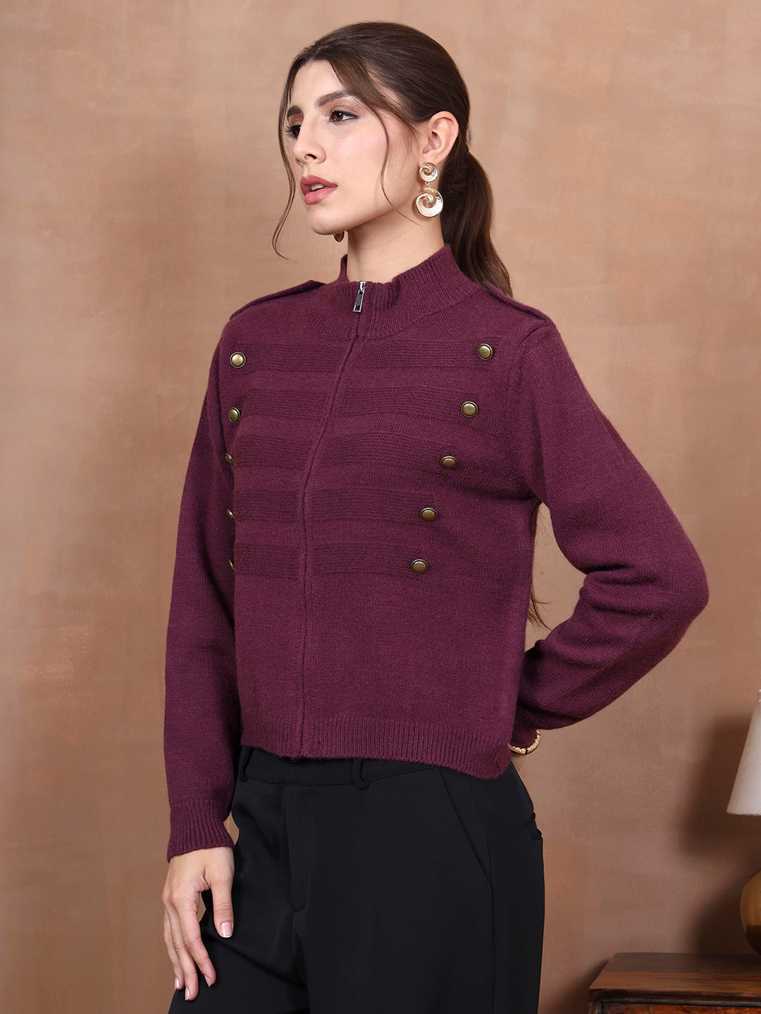 Thirty Threads Winter Wear Burgundy Solid Regular Long Sleeves Cardigans