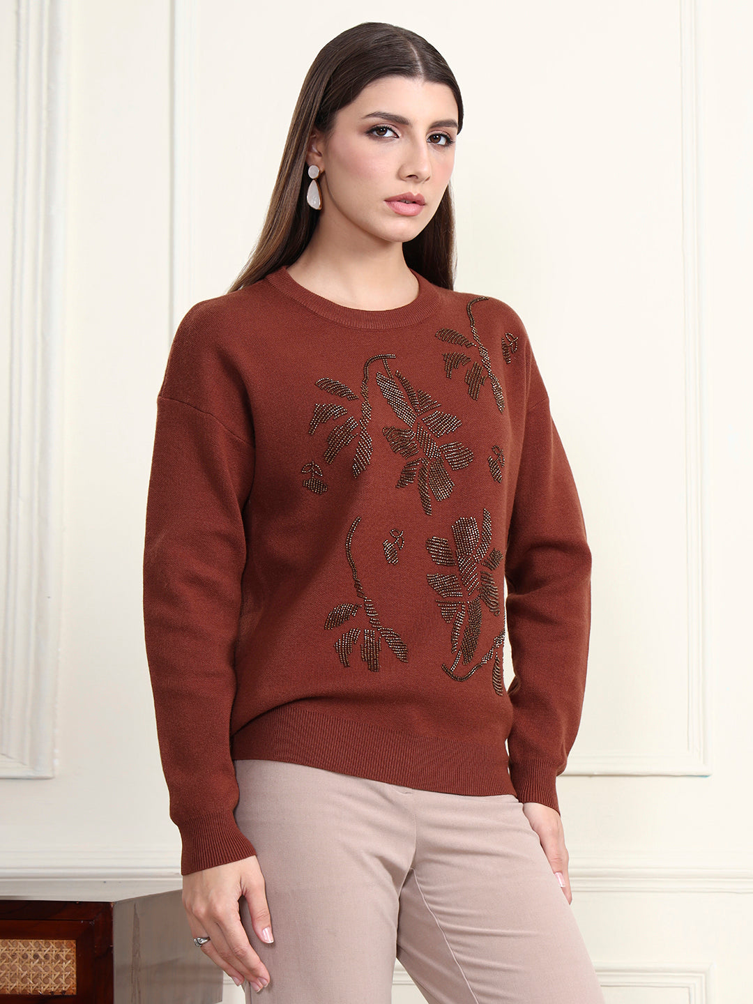 Thirty Threads Winter Wear Brown Embellished Regular Long Sleeves Pullover Sweater