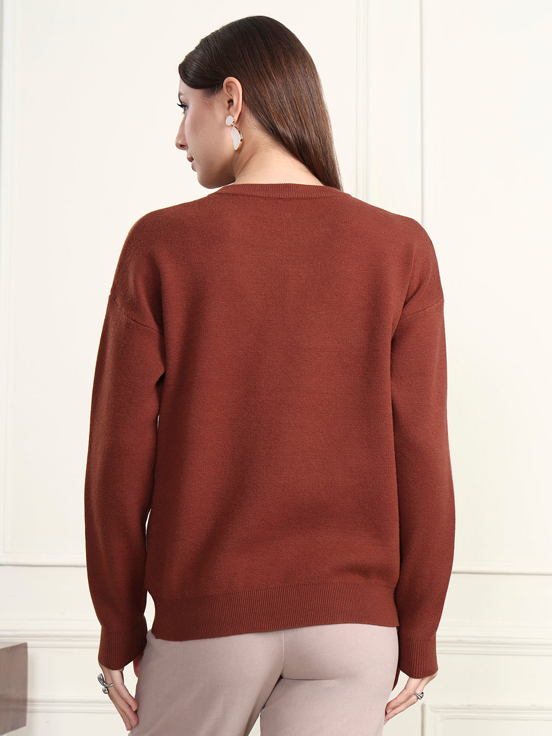 Thirty Threads Winter Wear Brown Embellished Regular Long Sleeves Pullover Sweater