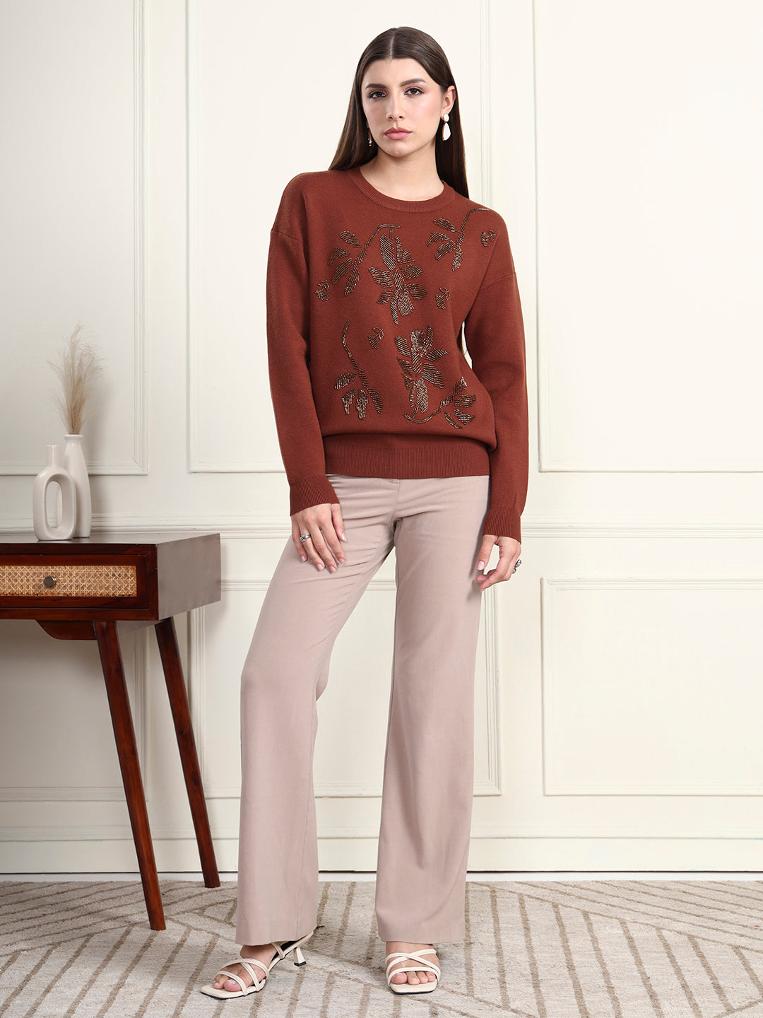 Thirty Threads Winter Wear Brown Embellished Regular Long Sleeves Pullover Sweater