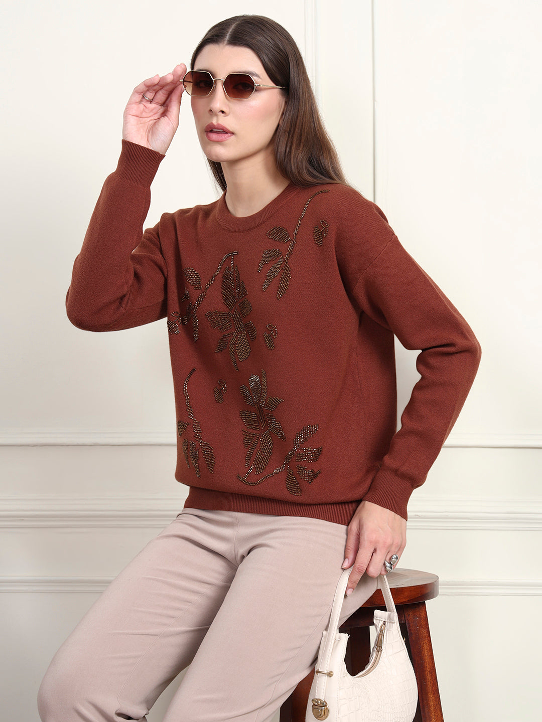 Thirty Threads Winter Wear Brown Embellished Regular Long Sleeves Pullover Sweater