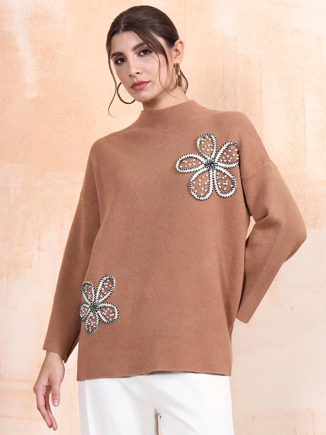 Thirty Threads Winter Wear Tan Embroidered Regular Long Sleeves Pullover Sweater
