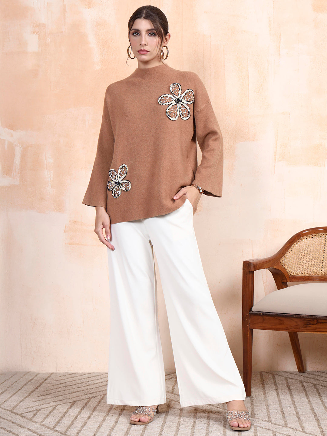 Thirty Threads Winter Wear Tan Embroidered Regular Long Sleeves Pullover Sweater