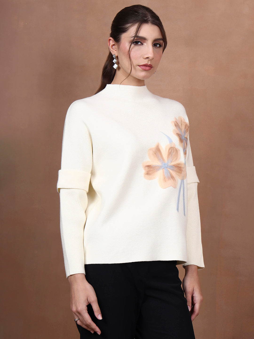 Thirty Threads Winter Wear Off White Embroidered Regular Long Sleeves Pullover Sweater