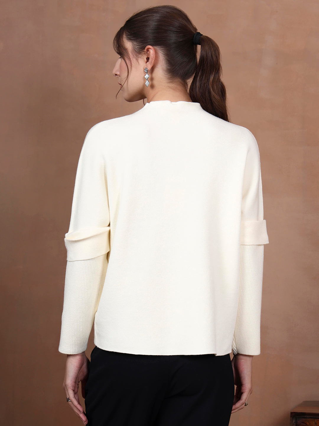 Thirty Threads Winter Wear Off White Embroidered Regular Long Sleeves Pullover Sweater