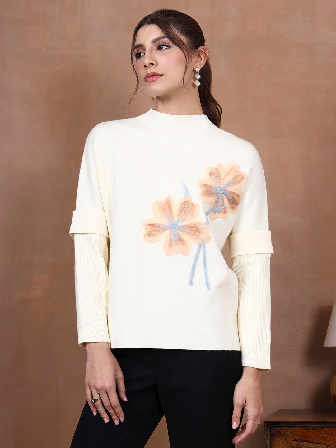 Thirty Threads Winter Wear Off White Embroidered Regular Long Sleeves Pullover Sweater