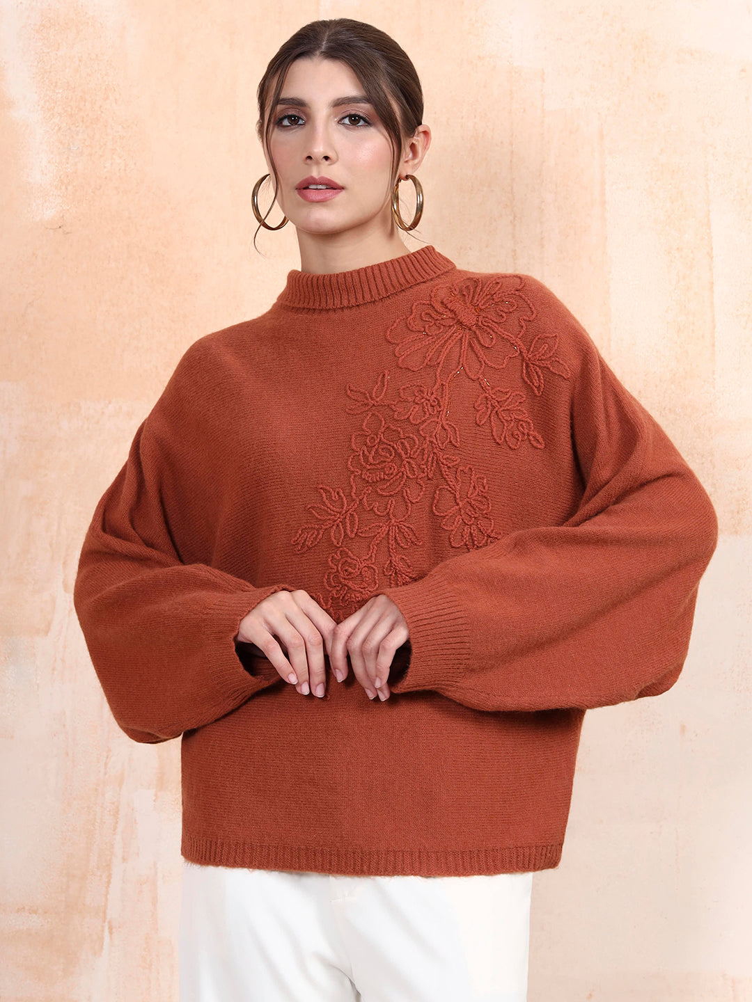 Thirty Threads Winter Wear Rust Embroidered Regular Long Sleeves Pullover Sweater