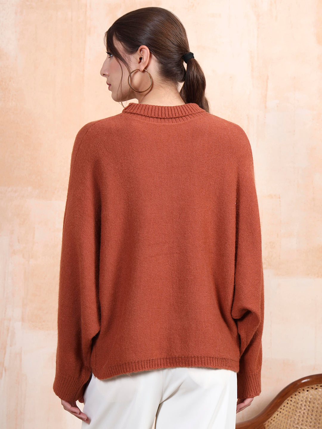 Thirty Threads Winter Wear Rust Embroidered Regular Long Sleeves Pullover Sweater