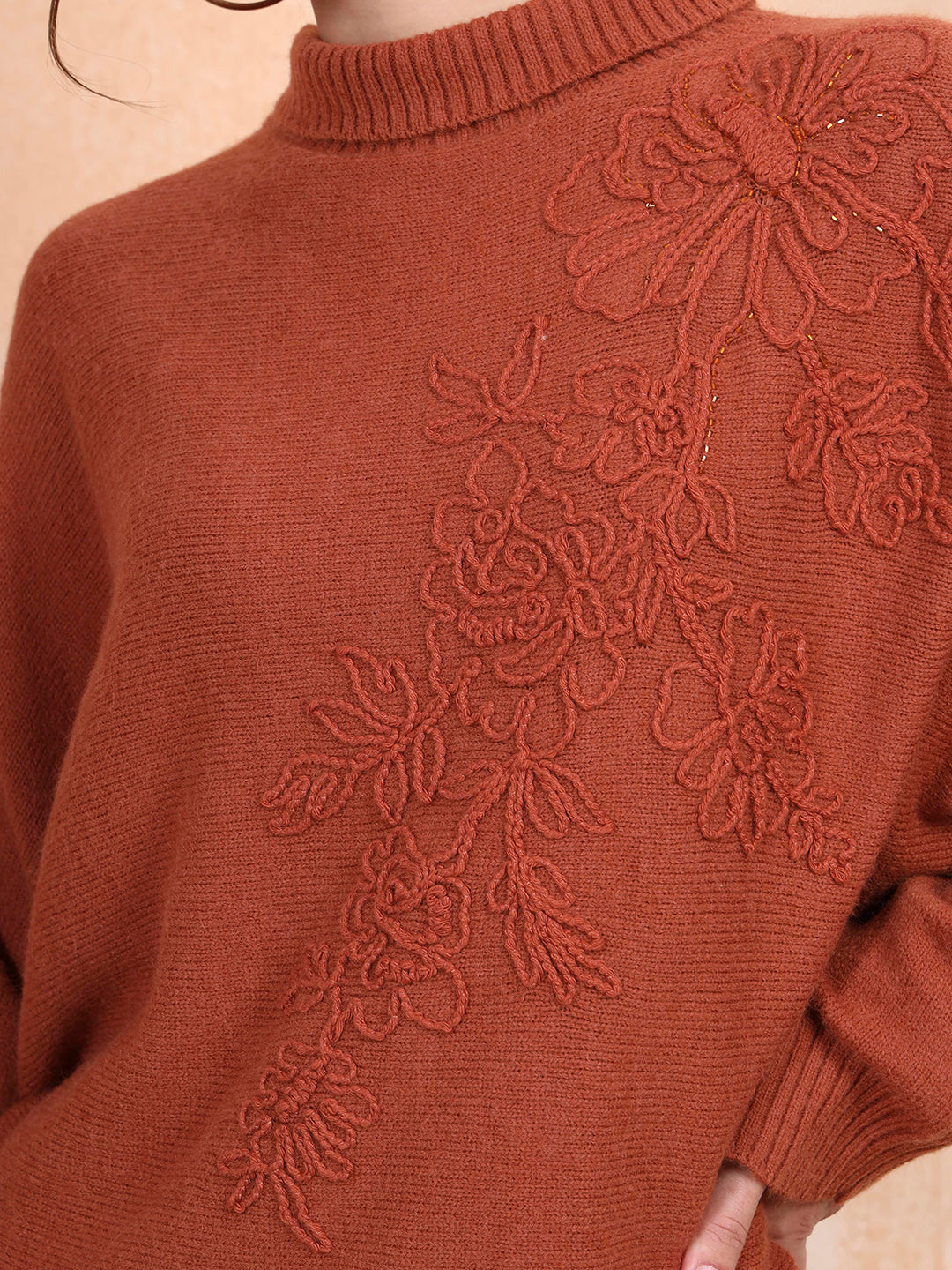 Thirty Threads Winter Wear Rust Embroidered Regular Long Sleeves Pullover Sweater