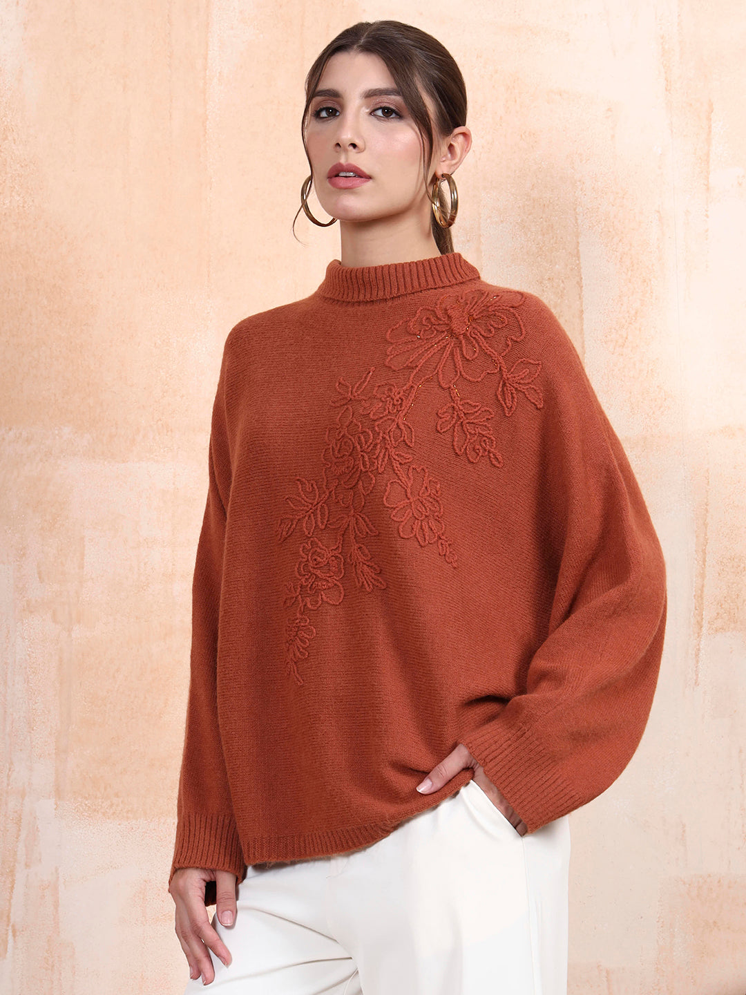 Thirty Threads Winter Wear Rust Embroidered Regular Long Sleeves Pullover Sweater