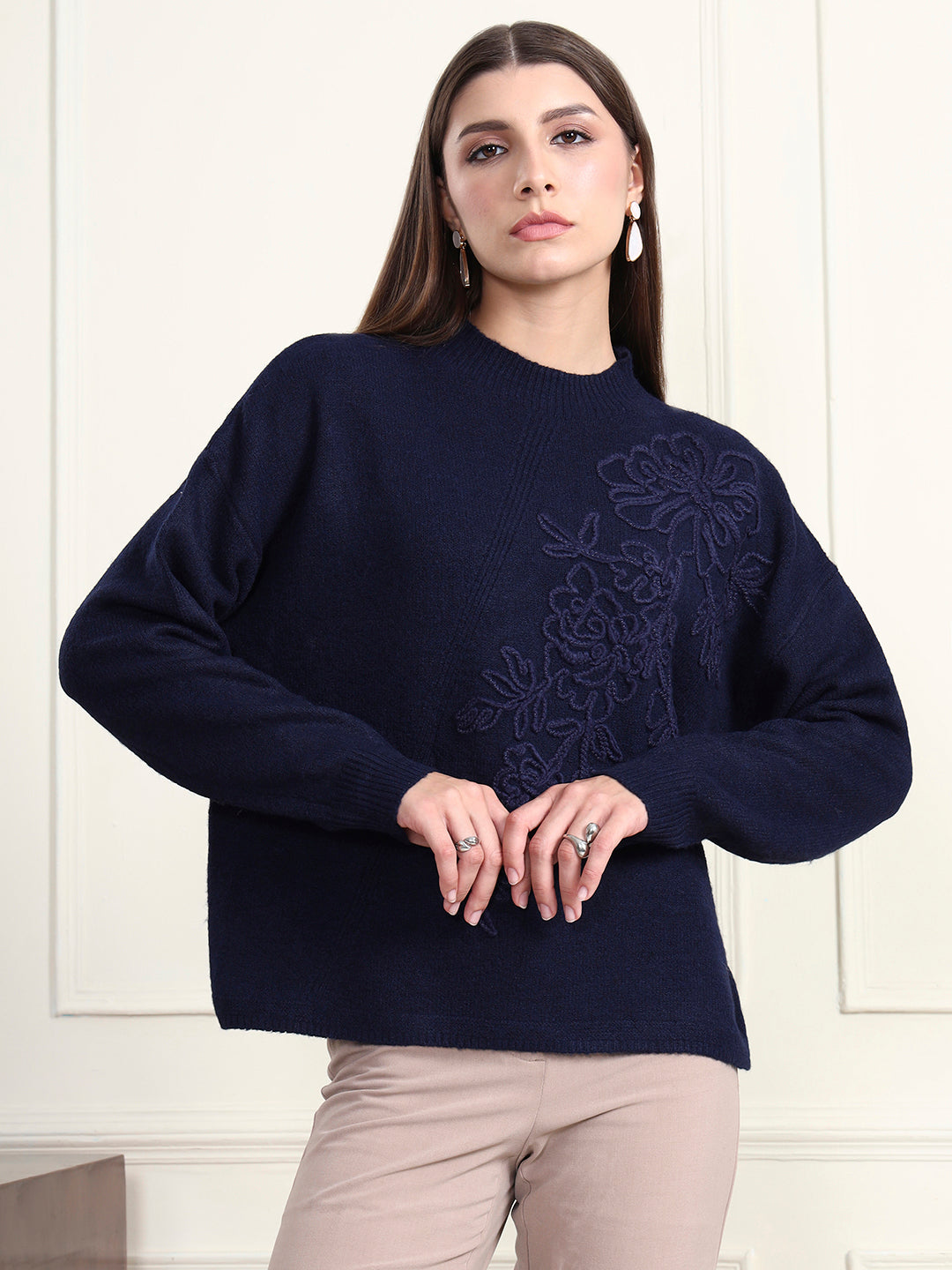 Thirty Threads Winter Wear Blue Embroidered Regular Long Sleeves Pullover Sweater