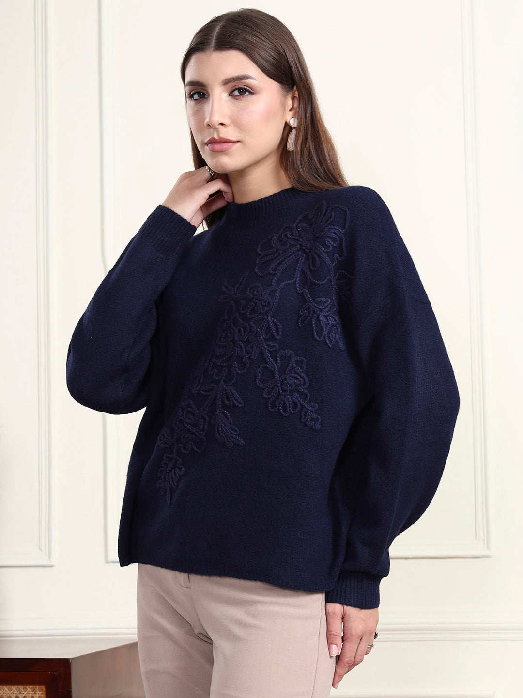 Thirty Threads Winter Wear Blue Embroidered Regular Long Sleeves Pullover Sweater