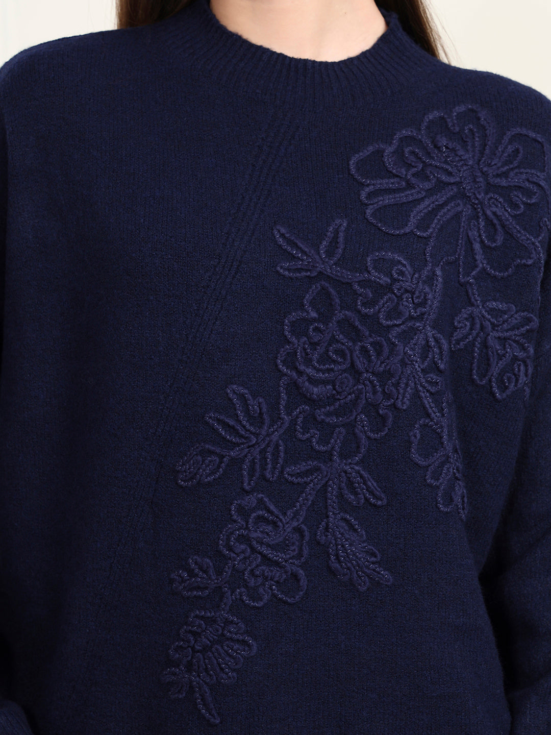 Thirty Threads Winter Wear Blue Embroidered Regular Long Sleeves Pullover Sweater