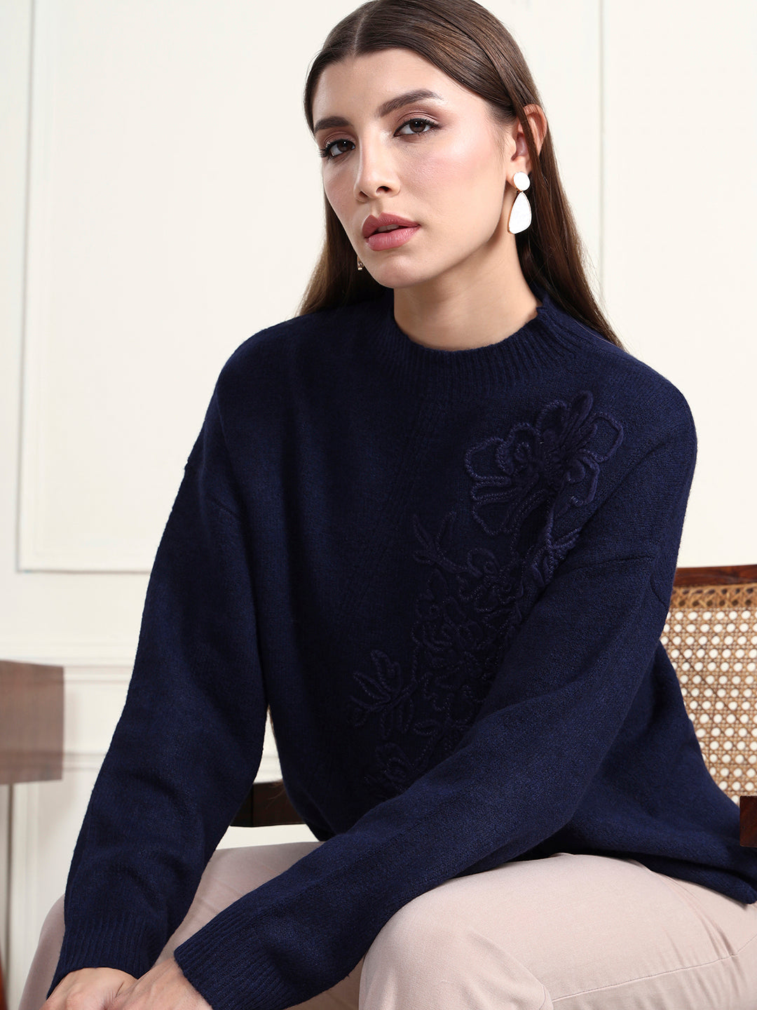Thirty Threads Winter Wear Blue Embroidered Regular Long Sleeves Pullover Sweater