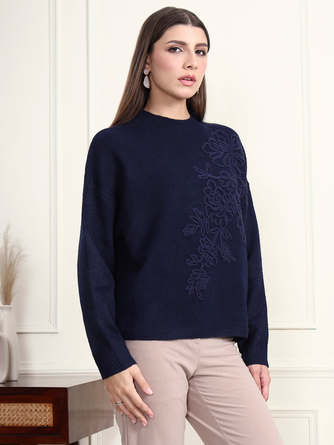 Thirty Threads Winter Wear Blue Embroidered Regular Long Sleeves Pullover Sweater