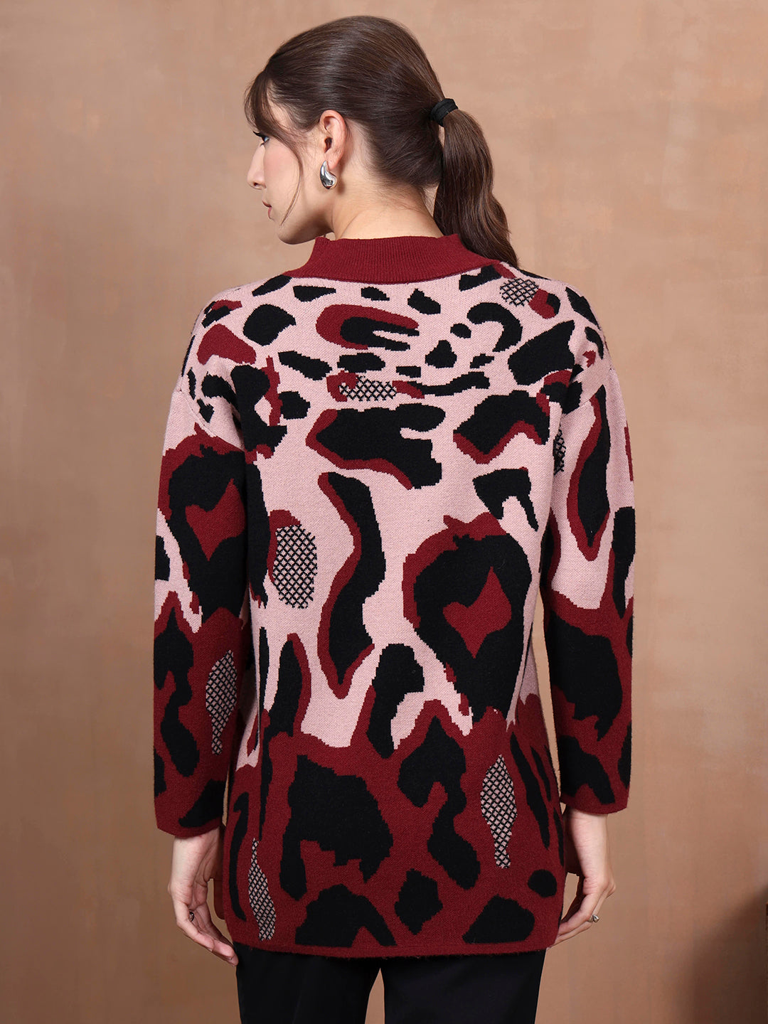 Thirty Threads Winter Wear Maroon Animal Print Regular Long Sleeves Pullover Sweater