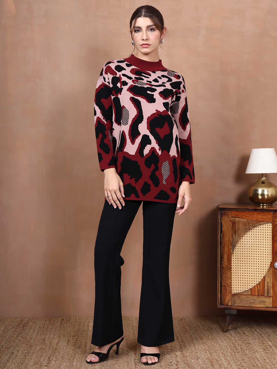 Thirty Threads Winter Wear Maroon Animal Print Regular Long Sleeves Pullover Sweater