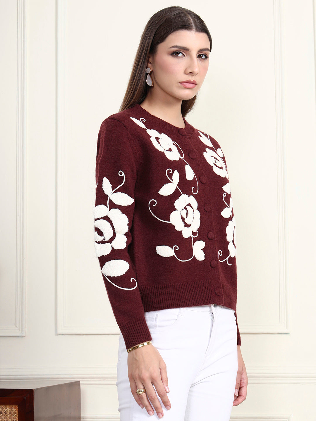 Thirty Threads Winter Wear Maroon Embroidered Regular Long Sleeves Cardigans