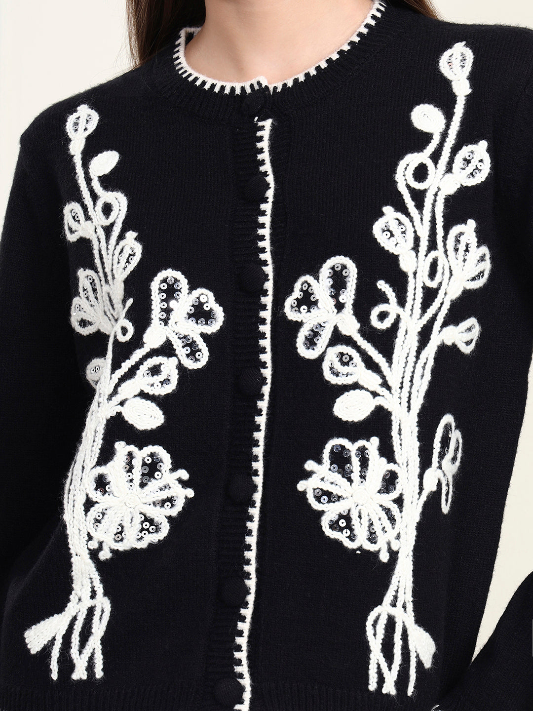Thirty Threads Winter Wear Black Embroidered Regular Long Sleeves Cardigans