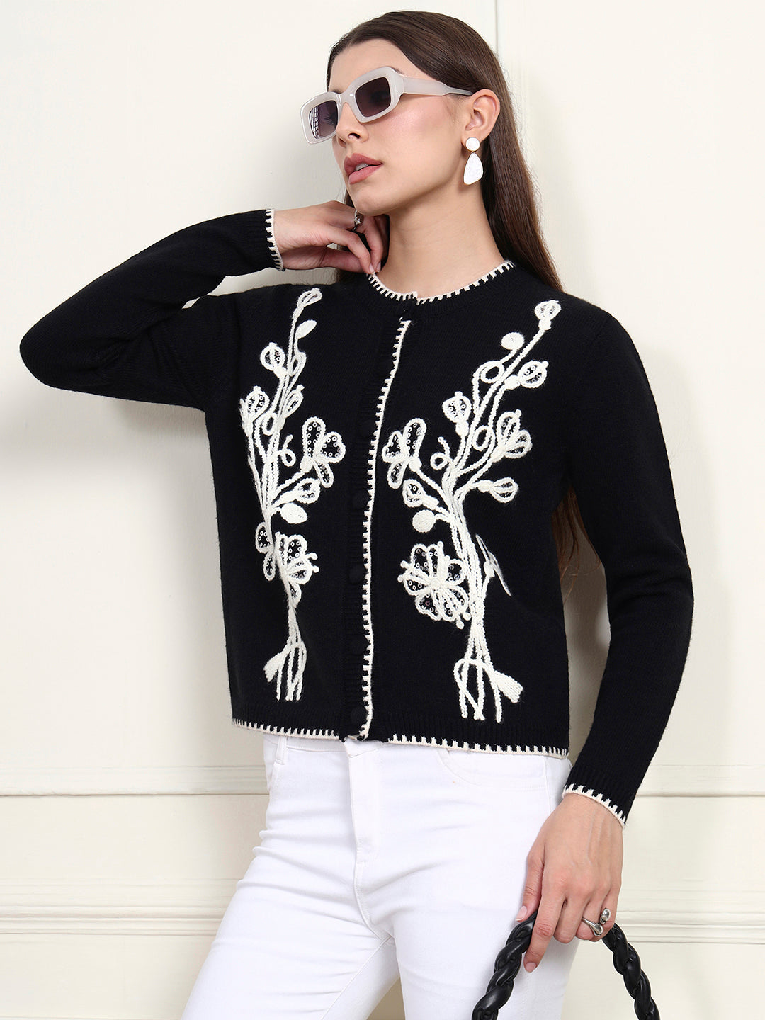 Thirty Threads Winter Wear Black Embroidered Regular Long Sleeves Cardigans