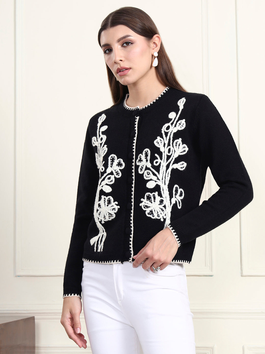 Thirty Threads Winter Wear Black Embroidered Regular Long Sleeves Cardigans