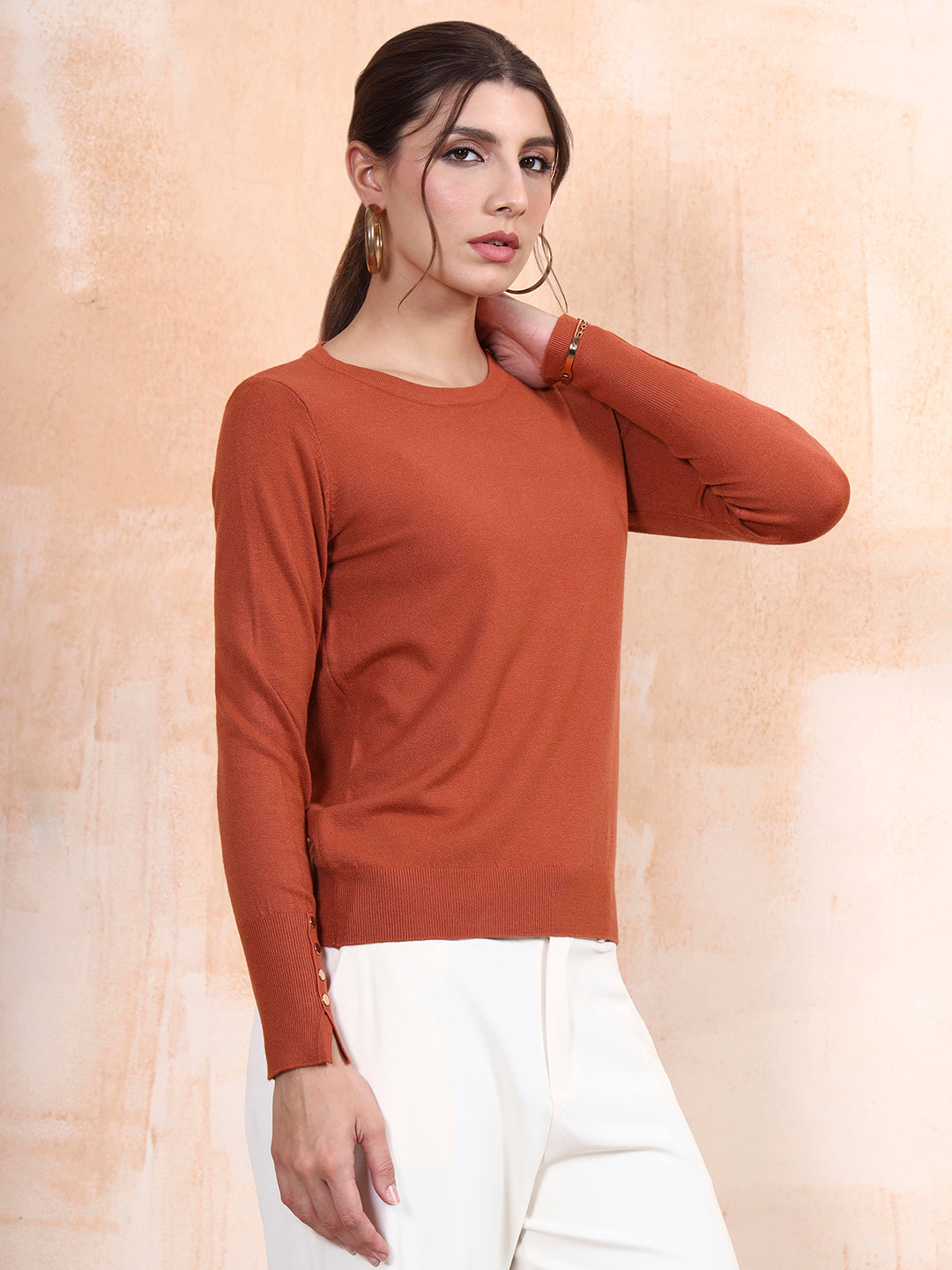 Thirty Threads Winter Wear Rust Solid Regular Long Sleeves Pullover Sweater