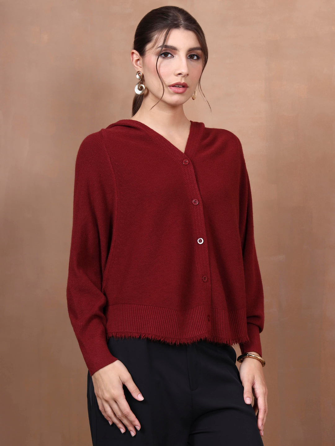 Thirty Threads Winter Wear Maroon Abstract Regular Long Sleeves Hooded Cardigan