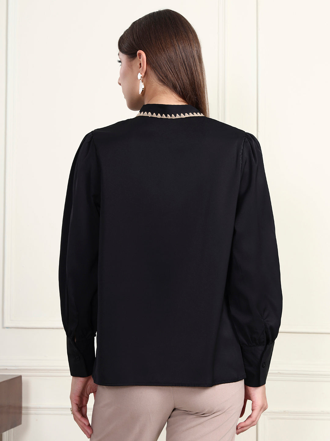 Thirty Threads Women's Black Solid Regular Shirt