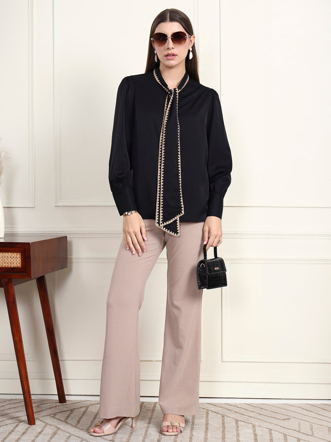 Thirty Threads Women's Black Solid Regular Shirt