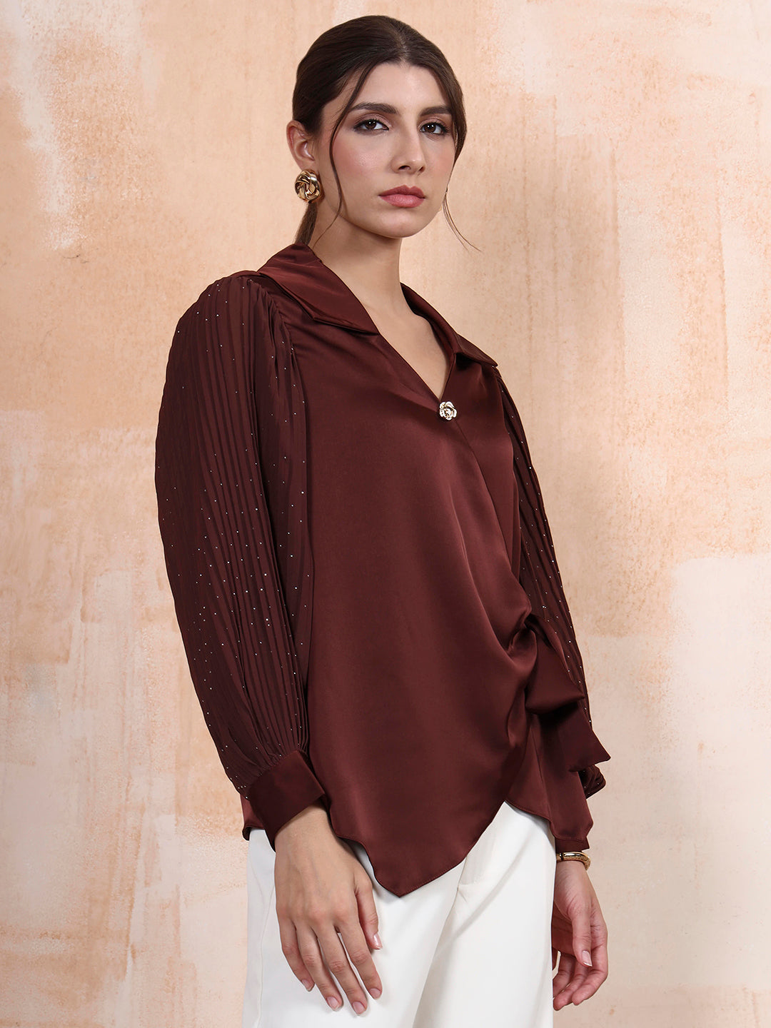 Thirty Threads Women's Coffee Brown Solid Regular Shirt