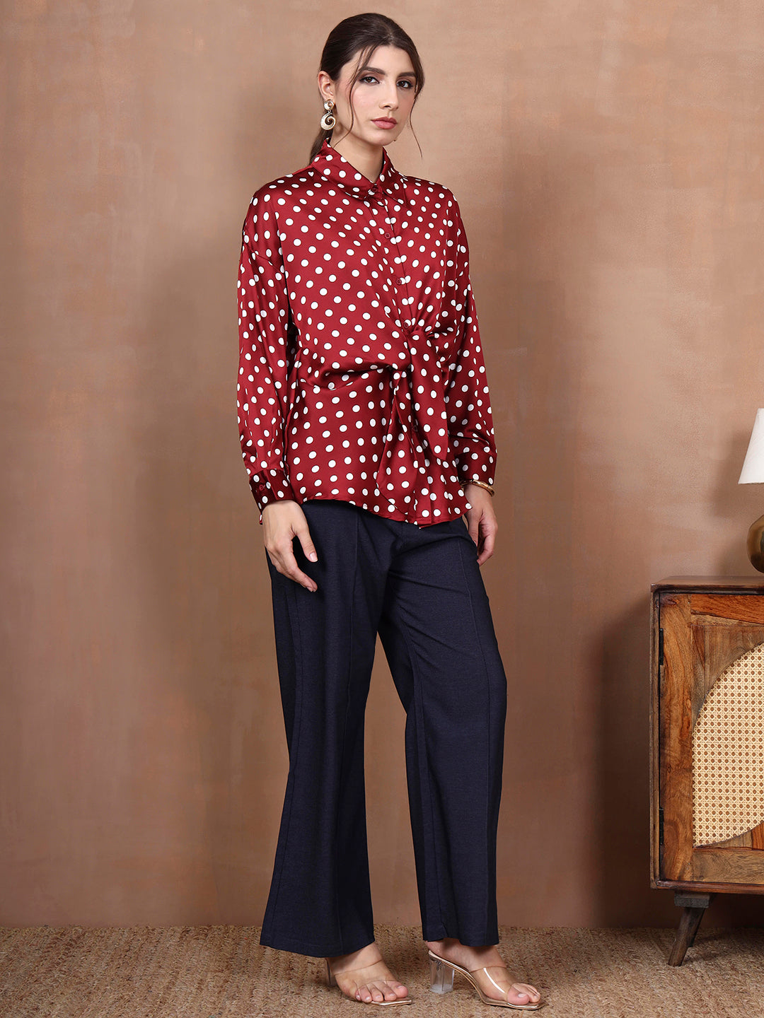 Thirty Threads Women's Maroon Polka Dot Regular Shirt